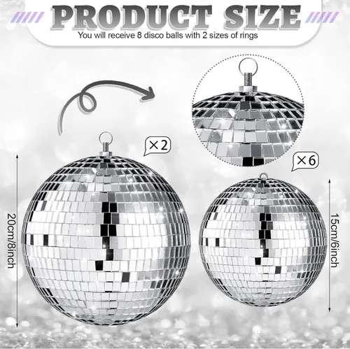 Miniatura 3 de Conjunto de 8 bolas de discoteca grandes de Haull, bolas de espejo plateadas reflectantes con anillo para colgar, ornamento de fiesta, decoración