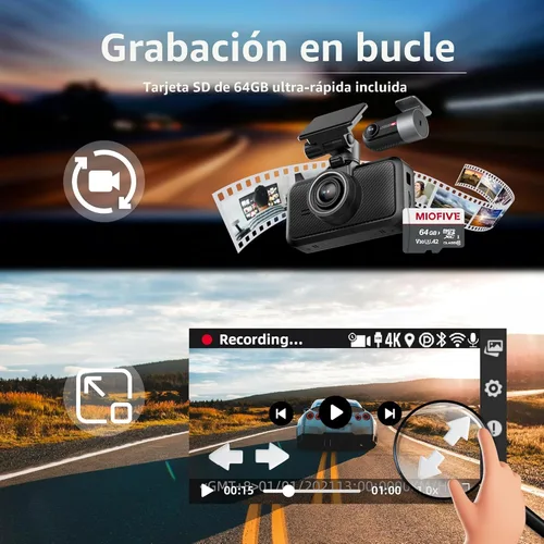 Miniatura 7 de Miofive Dash Cam - Cámara delantera y trasera para automóvil, 4K+4K, WiFi, Bluetooth, con tarjeta SD de 64 GB, cámara dual para auto con monitoreo