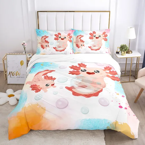 Miniatura 16 de HOSIMA Axolotl - Juego de ropa de cama Kawaii para decoración de dormitorio de niños, juego de funda de edredón de 3 piezas, 1 funda de edredón