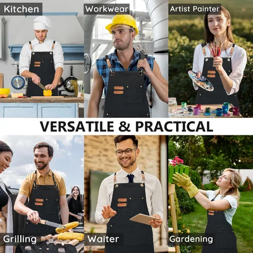 Miniatura 6 de Delantales de lona, delantales de chef de cocina, delantales de trabajo para hombres y mujeres, delantales con correa ajustable con 3 bolsillos