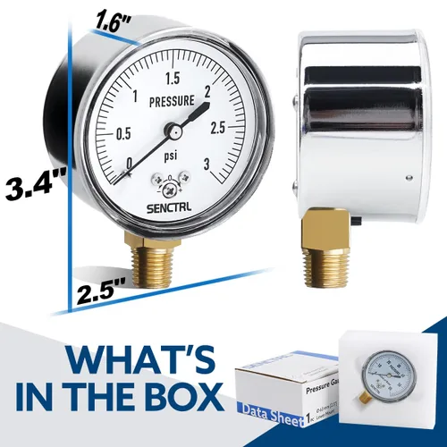 Miniatura 5 de SENCTRL 0-3 Psi Medidor de Baja Presión, Medidor de Cápsula, Tamaño de Dial de 2-1/2", Montaje Inferior de 1/4" NPT, Ajuste Cero, para Prueba