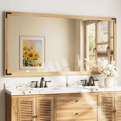 Miniatura 14 de TETOTE Espejo de madera natural de 48 x 24 pulgadas para pared de baño/dormitorio/sala de estar/entrada, espejo rústico de tocador de baño