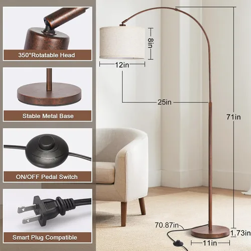 Miniatura 2 de Lámpara de pie para sala de estar, lámpara de pie de arco vintage con cabeza de lámpara ajustable, lámpara de poste alta con interruptor de pedal