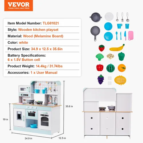 Miniatura 7 de VEVOR Juguete de cocina de madera para niños con luces y sonidos, cocina para niños pequeños con máquina de hielo, horno, fregadero, microondas