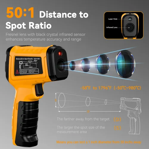 Miniatura 2 de Pistola de temperatura de termómetro infrarrojo -58°F a 1796°F, pistolas de temperatura de modo dual 50:1 con termopar tipo K para lecturas 58°F a