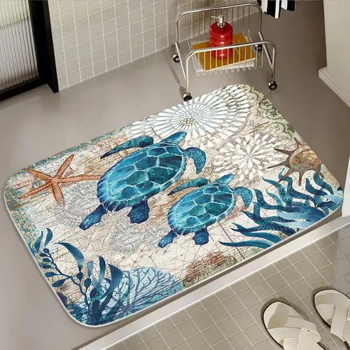 Alfombra de baño de terciopelo coral con diseño náutico de tortugas marinas, animales de playa, tapete de ducha antideslizante para baño de océano