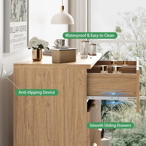 Miniatura 5 de Cómoda acanalada para dormitorio con 6 cajones, cajonera moderna de 46 pulgadas de alto con mango de metal, soporte de TV de cómoda de madera, Roble
