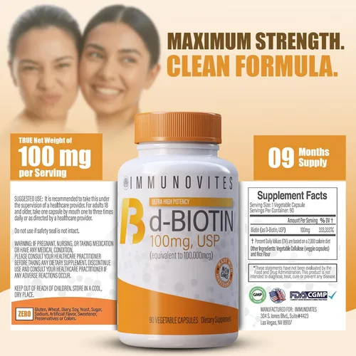 Miniatura 7 de IMMUNOVITES Paquete de 3 dosis altas de biotina (como d-biotina, USP) 100 mg (equivalente a 100,000 mcg) 90 cápsulas, alta potencia (3)