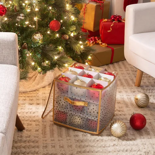 Miniatura 6 de Simplify Organizador de adornos de 27 unidades Dorado Capacidad para 27 adornos Almacenamiento de Navidad Peso ligero Dimensiones: 12.2 x