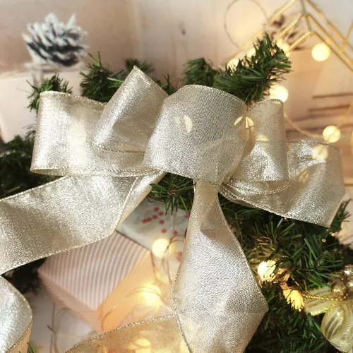 Miniatura 9 de Cinta con alambre metálica dorada champán de 2.5 pulgadas x 10 yardas para decoración del hogar de Navidad, lazo para decoración de árbol, envoltura