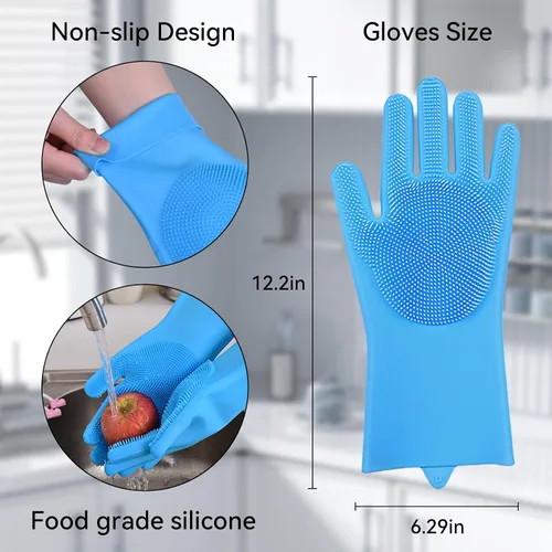 Miniatura 3 de Guantes de silicona para lavar platos, guantes de cocina para lavar platos, reutilizables, impermeables, para el hogar, con cepillo de limpieza