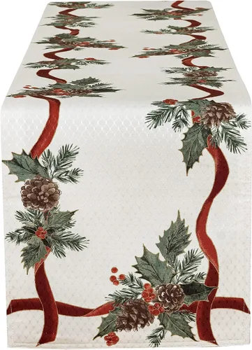 Miniatura 7 de Lintex Evergreen Garland - Manteles individuales de tela navideña con borde de doble cinta, juego de 4, diseño de acebo y piña, fácil cuidado