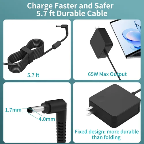 Miniatura 3 de Cargador para portátil Lenovo de 65 W, cable de alimentación alargado, adaptador de CA de punta redonda compatible con IdeaPad 1/3/5, Slim 3/5/7