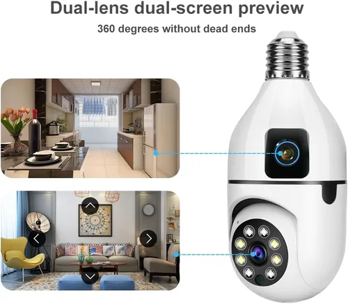 Miniatura 3 de TUYA Cámara de seguridad con bombilla de doble lente de 6 MP, cámara WiFi panorámica/inclinación de 360° para interiores con seguimiento automático