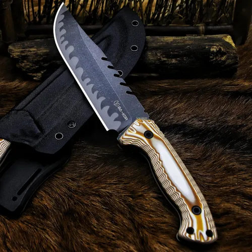 Miniatura 5 de BA-KOR Cuchillo de caza de hoja fija de tang completo de 12.4 pulgadas – acero 9CR18MoV de 6mm, mango G10, hoja de sierra dentada lavada a la piedra