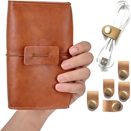 Estuche de viaje organizador electrónico de cuero vintage, cargador para mouse esencial, adaptador, cables, correas de cable, estuche para Cuero