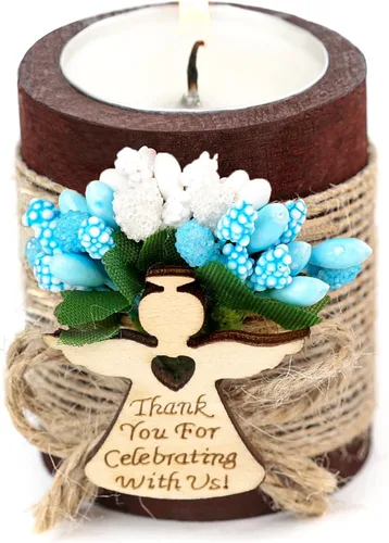 Ju's Favors Juego de 10 portavelas de madera para recuerdos de bautismo para invitados, recuerdos de fiesta de baby shower (marrón oscuro - azul)