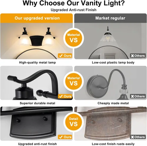 Miniatura 3 de Lámparas de baño (2 luces, 38 cm), luces de tocador mate negras para baño con pantalla de vidrio esmerilado blanco, luces de pared modernas