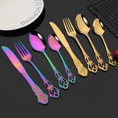 Miniatura 7 de JASHII Juego de cubiertos de acero inoxidable 304 con patrón de tallado hueco, 20 piezas de servicio para 4 vajillas arcoíris con cuchillos