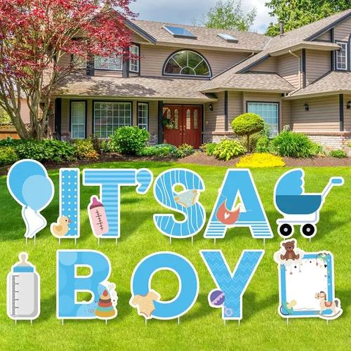 Elcoho 11 carteles azules con estacas con texto en inglés "IT'S A Boy", incluye letras, globo, biberón, letrero para chupete de bebé para decoración