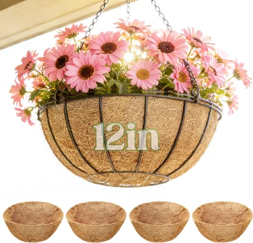 ANPHSIN 4 forros de coco de 12 pulgadas para macetas colgantes, hechas de fibra de coco 100% natural, forro redondo grueso transpirable para porche