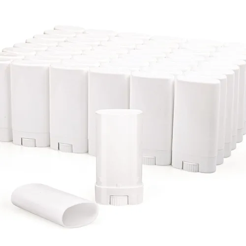 Paquete de 50 recipientes de desodorante de muestra blanca de 0.5 oz/0.5 fl oz, recipientes de plástico vacíos ovalados para Chapstick, bálsamo