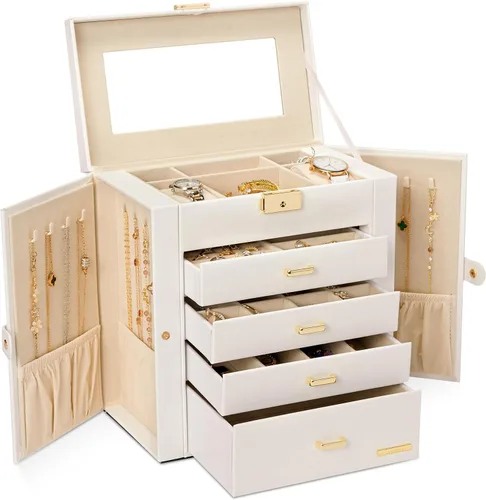Homde Joyero enorme de cuero sintético con espejo, organizador de relojes, collar, anillo y aretes, estuche de regalo con cerradura (blanco + dorado)
