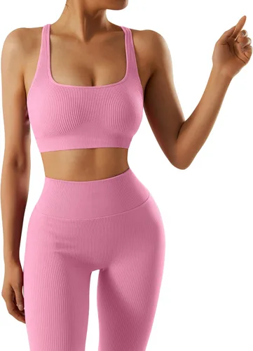 Miniatura 4 de OMKAGI Conjunto de entrenamiento acanalado para mujer, sin costuras, brasier deportivo con tiras y levantamiento de glúteos