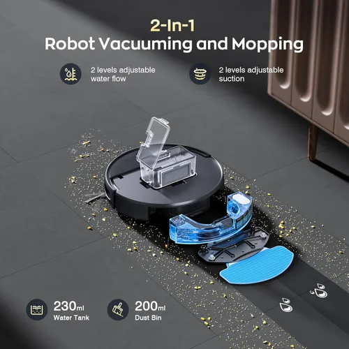 Miniatura 2 de Combo robot de aspiradora y trapeador, succión fuerte de 2300 Pa, caja de polvo 2 en 1 y tanque de agua, funciona con Alexa/Google Assistant, largo