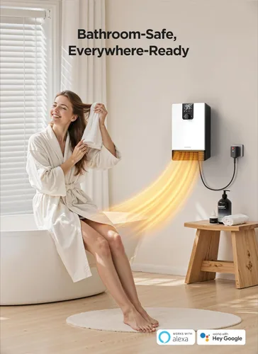 Miniatura 3 de GiveBest Calentador de pared para baño, calentador eléctrico de calentamiento rápido de 1500 W con enchufe ALCI, termostato ajustable, 3 modos
