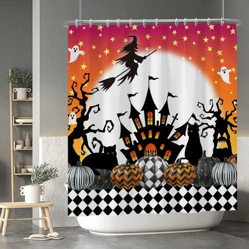 Miniatura 152 de Cortina de ducha de fantasma y gato negro para niños, 36 x 72 pulgadas, espeluznante y bonita, cortina de baño de Halloween con 6 ganchos, cortina