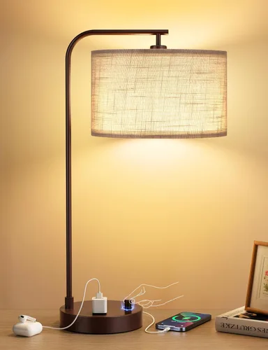 Miniatura 9 de Innqoo Lámpara de mesa alta con puerto USB y tomacorriente, lámparas de mesita de noche regulables con pantalla de lino, lámpara de escritorio