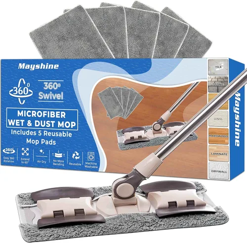MAYSHINE Trapeador de polvo húmedo y seco de microfibra con 5 almohadillas reutilizables, sistema de trapeador giratorio 360 | Uso en madera,