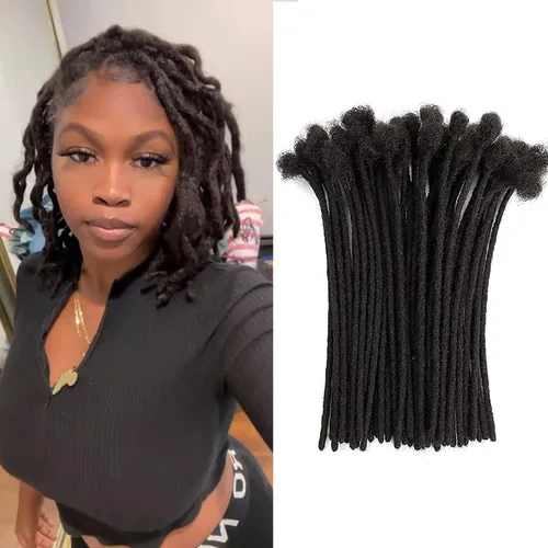 Miniatura 17 de Extensiones de cabello humano Loc de 0.2 cm de ancho, 4 pulgadas, 30 hebras, negro natural 100% completamente hechas a mano, extensiones