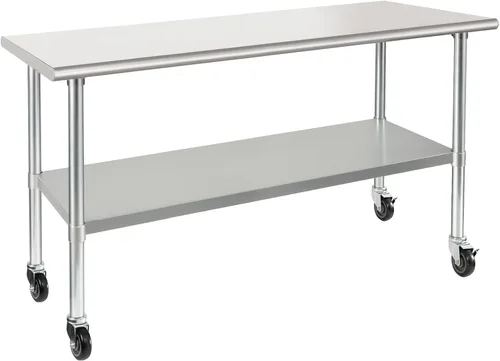 HARDURA - Mesa de acero inoxidable con ruedas de 24 x 60 pulgadas, ruedas NSF, mesa comercial de gran resistencia para trabajo y preparación con