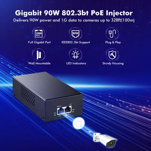 Miniatura 2 de MokerLink Inyector Gigabit PoE, 802.3af/at/bt 90W, Ethernet 10/100/1000Mbps, Plug & Play, adaptador no PoE a PoE, distancia de hasta 328.1 ft