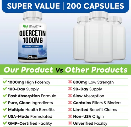 Miniatura 5 de Quercetina de 1000 mg - 200 cápsulas Apoyo inmunológico, antioxidante para alivio estacional de los senos nasales y salud cardiovascular