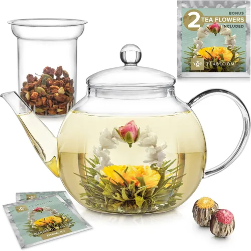 Miniatura 10 de Tetera de vidrio Teabloom segura para estufa y microondas con infusor de té de vidrio extraíble – Incluye 2 tés florecientes – Hervidor de té