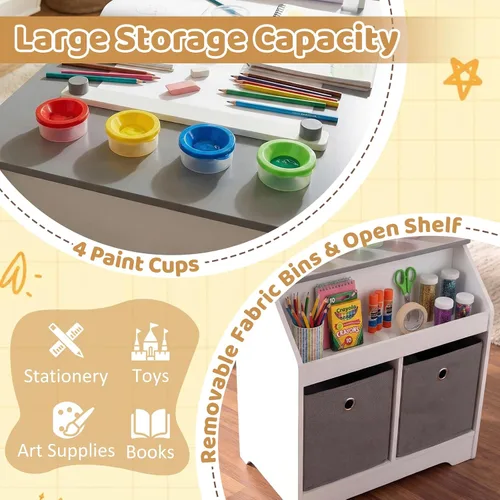 Miniatura 5 de HONEY JOY Juego de mesa y silla de arte para niños, juego de actividades de artesanía de madera con rollo de papel, estante de almacenamiento