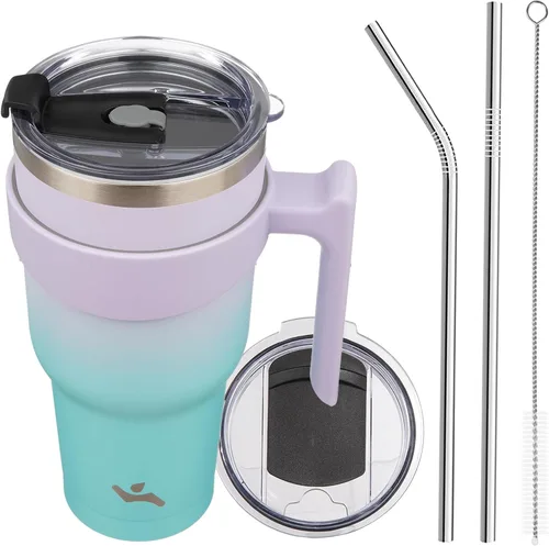 Miniatura 13 de Konokyo - Vaso de 10 onzas con asa y 2 popotes, 2 tapas, botella de agua aislada de acero inoxidable, taza de viaje reutilizable, color verde militar