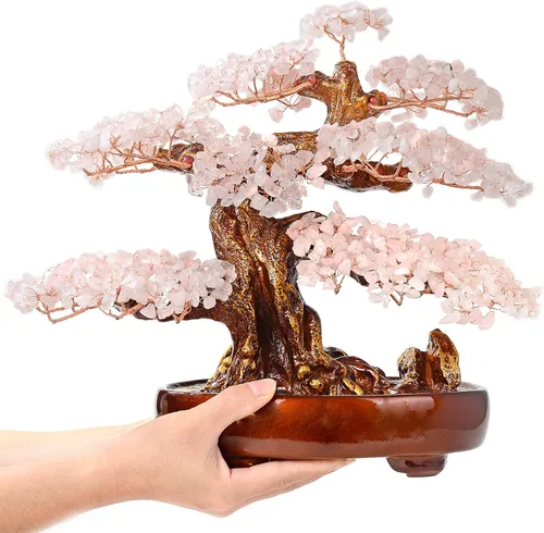 KALIFANO Árbol de cristal de chakra de cuarzo rosa natural (1,251 piedras preciosas) con propiedades curativas – Bonsái Feng Shui árbol de dinero
