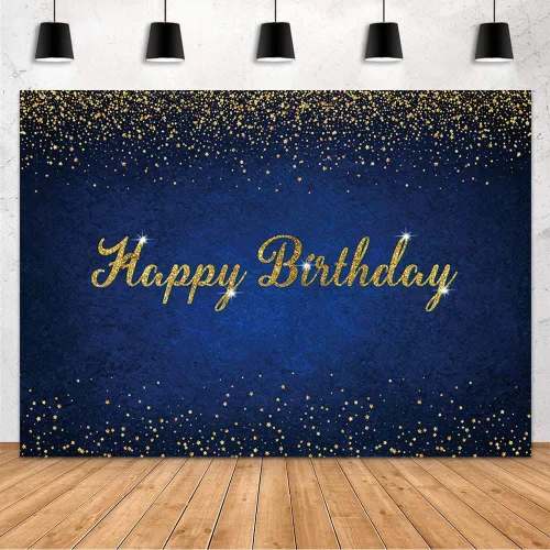 Miniatura 2 de MEHOFOND Telón de fondo azul y dorado de feliz cumpleaños con puntos dorados con purpurina azul real para mujeres, hombres y niños, decoración