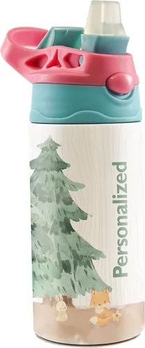 Miniatura 17 de All-Star Sports – Diseño rosa – Botella de agua pequeña de 12 onzas con popote de silicona desplegable – Personalizar con nombre – Aislamiento