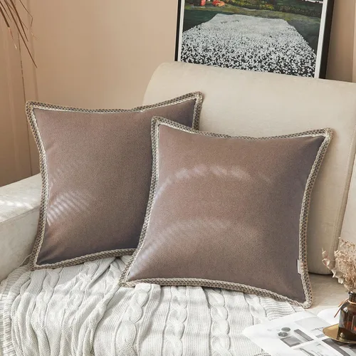 FY FIBER HOUSE Paquete de 2 fundas de almohada decorativas de granja, lino sintético de arpillera con bordes a medida, fundas de cojín para sofá,