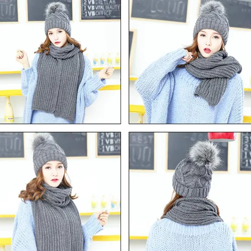 Miniatura 6 de KRATARC Conjunto de gorro de punto para mujer de forro polar con pompones