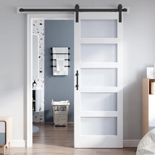 Losa para puerta corrediza de granero de vidrio de 28 x 84 pulgadas y kit de herrajes de 5 pies incluido, 5 vidrios esmerilados, panel de madera LVL