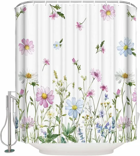 YOKOU Cortina de ducha, flores silvestres con estampado floral de acuarela de primavera, plantas repelentes al agua, tela de poliéster, cortinas de