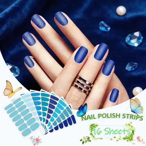 Miniatura 2 de 8 hojas de esmalte de uñas azules para mujer, calcomanías de esmalte de uñas de color sólido con purpurina para pegar en tiras de esmalte de uñas