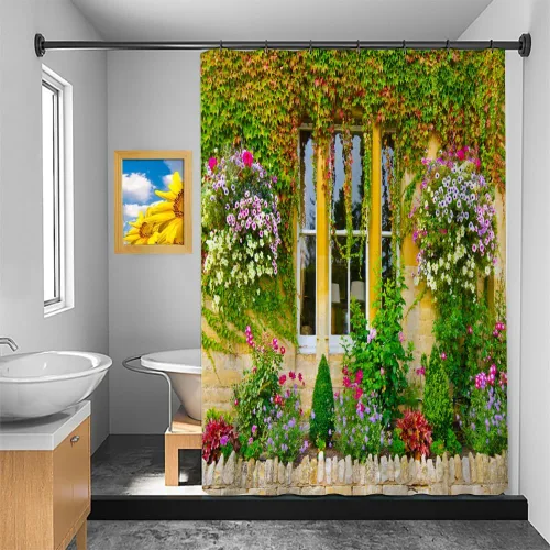 Cortina de ducha de pared floral de primavera, ciudad de campo, hojas de hiedra verde, flores de flores de Italia, cortina de ducha para decoración