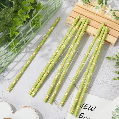 Miniatura 3 de Whaline 100 popotes de papel desechables con diseño de flores verdes para primavera, verano, cumpleaños, baby shower, suministros de fiesta, jugos